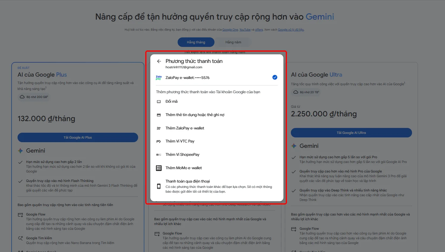 Cách thanh toán khi đăng ký Gemini Pro sing viên