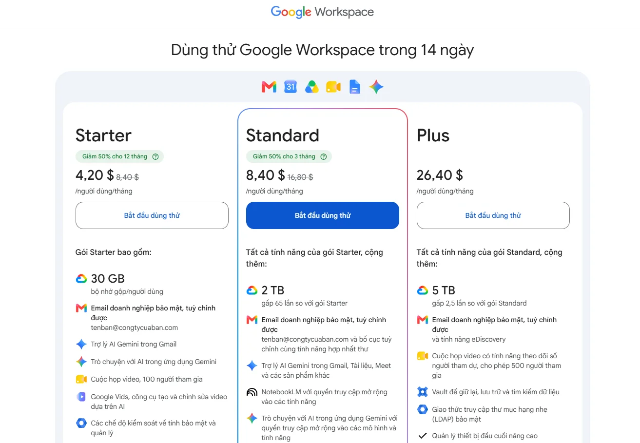 Mức giá đăng ký Gemini for Google Workspace