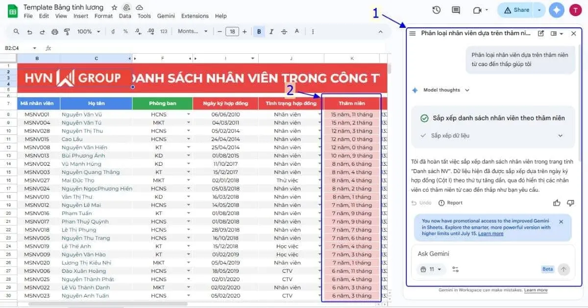 Hướng dẫn sử dụng Gemini trong Sheets