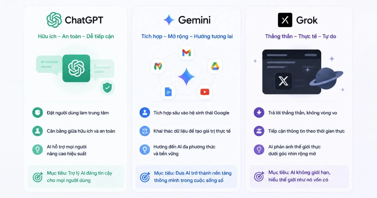 So sánh ChatGPT Gemini và Grok cơ bản về mục tiêu