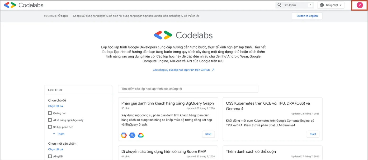 Hướng dẫn bắt đầu với Gemini Codelabs