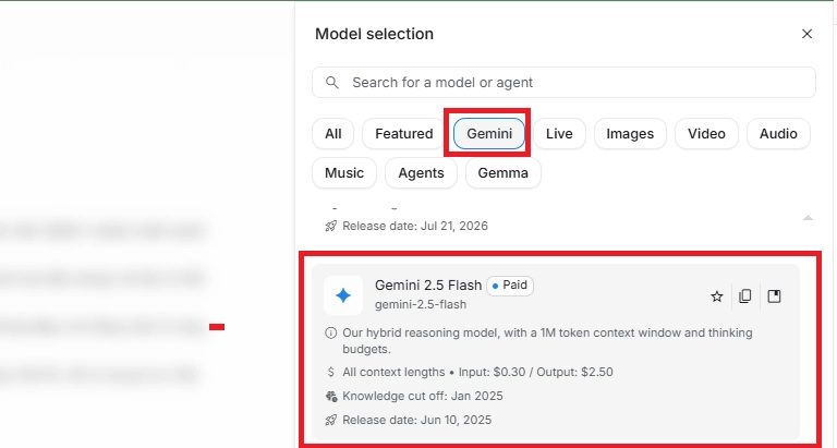 chọn mô hình gemini flash 2.5