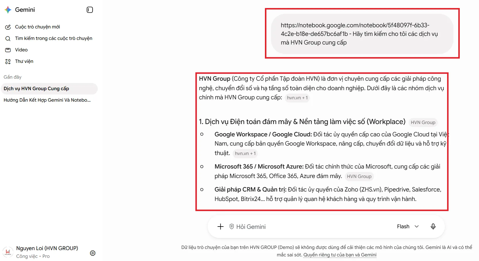 kết quả kết nối gemini và notebooklm