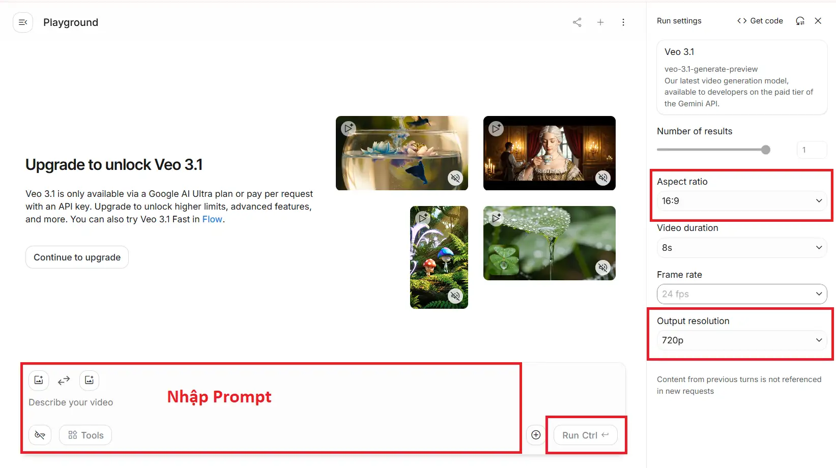 nhập prompt và chạy ai studio