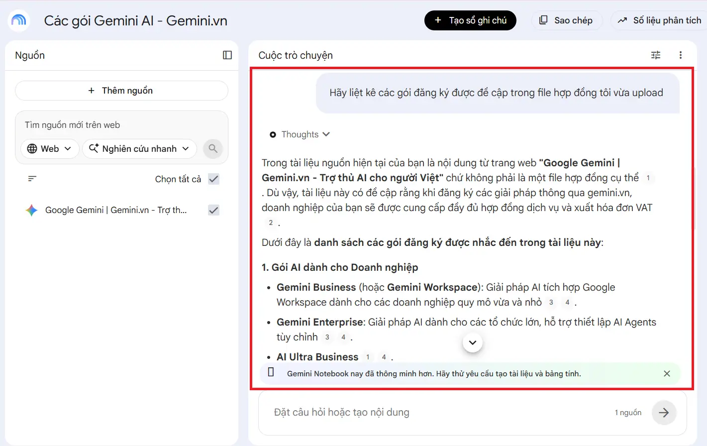 tương tác qua khung chat gemini notebook