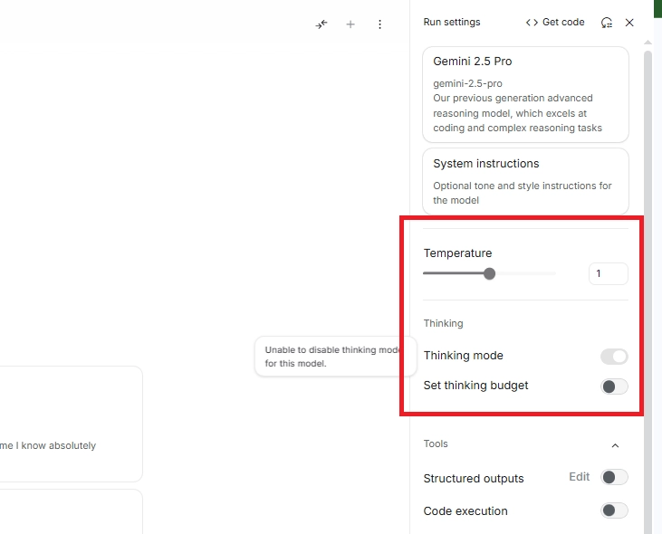điều chỉnh thông số google ai studio