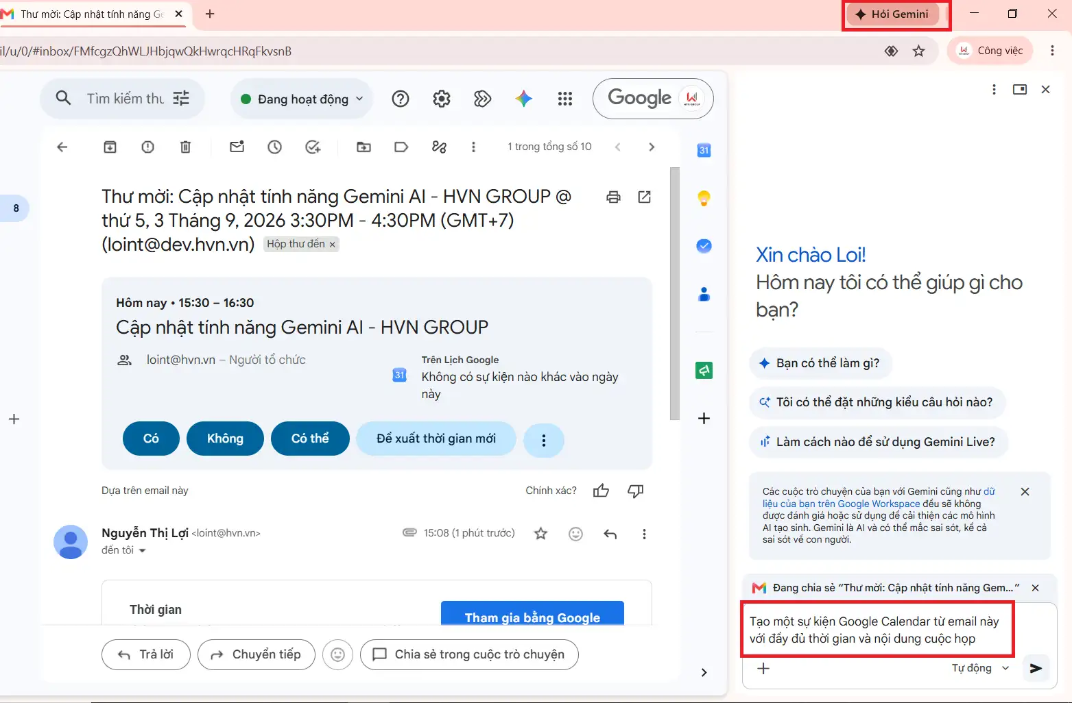 tạo sự kiện gemini gmail