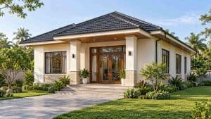 Prompt tạo ảnh kiến trúc nhà cấp 4 mái Nhật có sân vườn