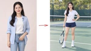 Prompt tạo ảnh mẫu ảnh thời trang thể thao trên sân tennis