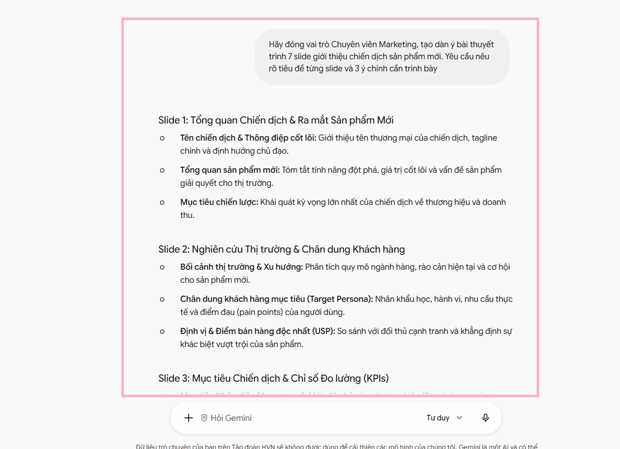 Cách dùng tạo Slide thuyết trình bằng Gemini AI cực nhanh và hiệu quả 6 Viết câu lệnh (Prompt) yêu cầu Gemini tạo dàn ý slide