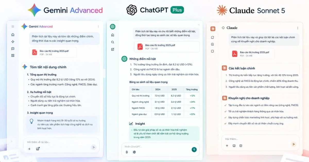 Đánh giá Gemini Advanced, ChatGPT Plus và Claude Sonnet