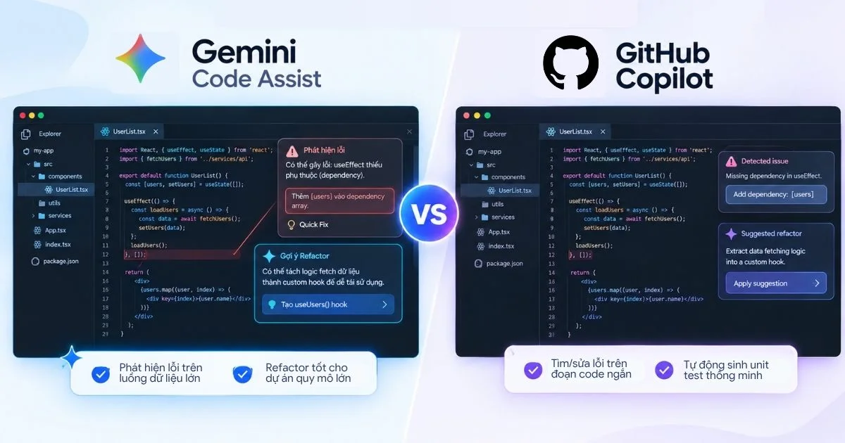 So sánh Gemini Code Assist vs Github Copilot về code và debug